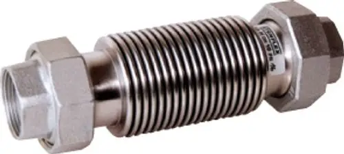 Stahl-Axial-Kompensator mit verzinktem Gehäuse, beidseitig mit Gewindeanschlüssen, geeignet für flexible Rohrleitungen. Marke Bosch erkennbar.